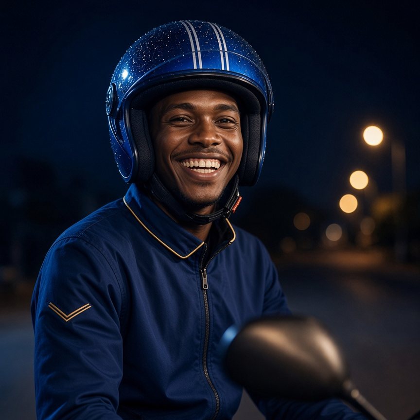 Chauffeur Moto Pro souriant, casque et veste bleu saphir