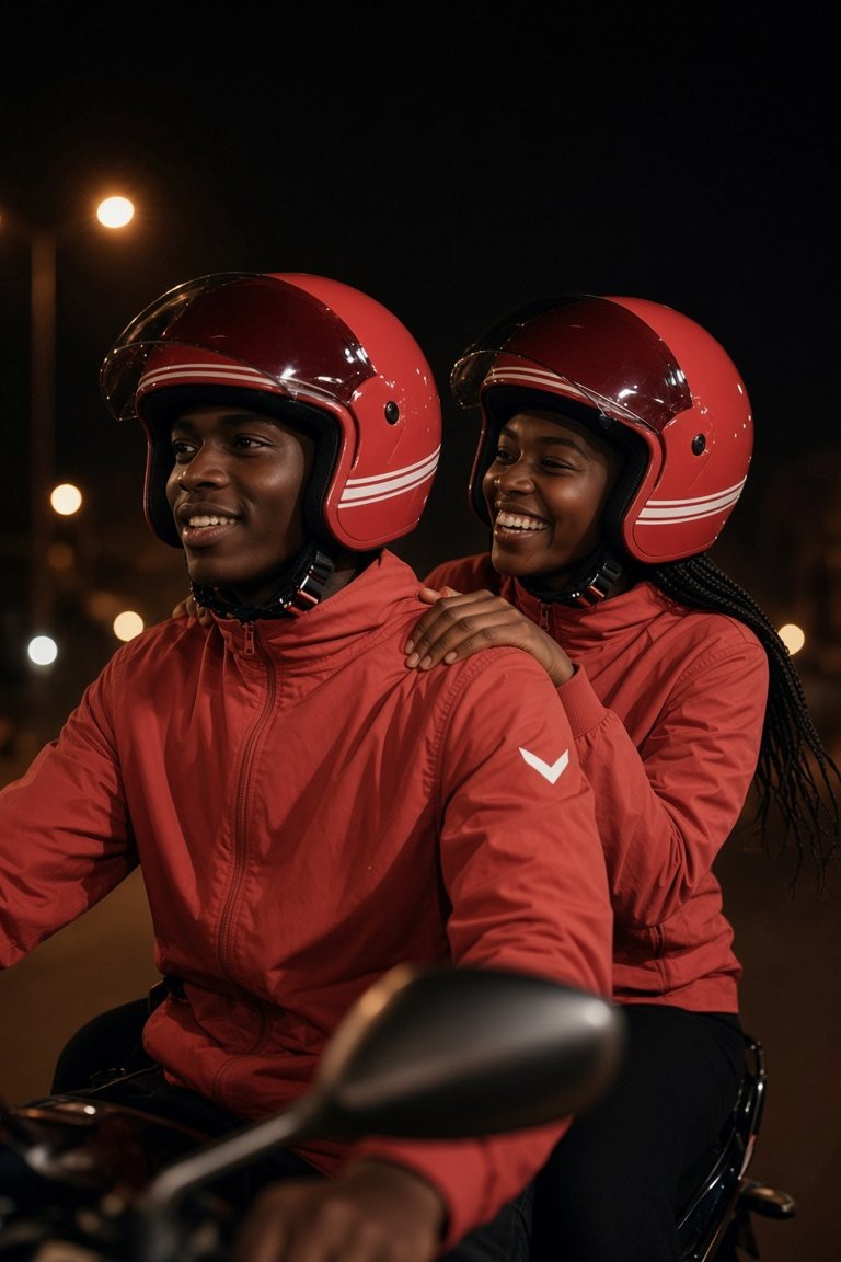 Chauffeur et passagère Moto Taxi casqués, de nuit à Bamako