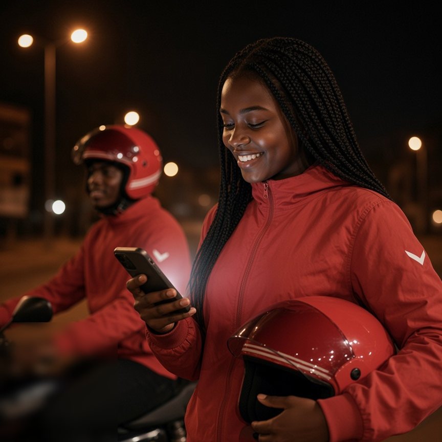 Passagère Moto Taxi qui regarde le prix de sa course